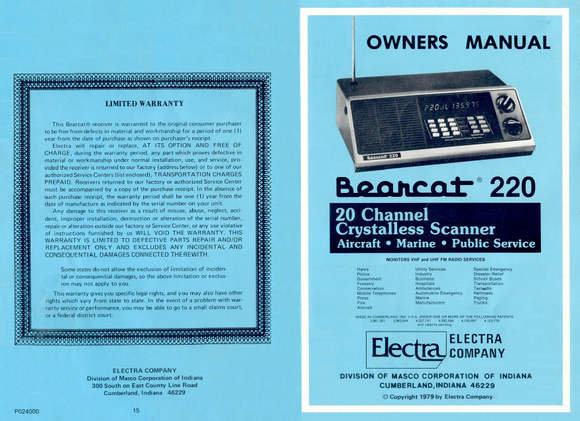 BEARCAT BC220 Crystalless Scanner Owner's Manual