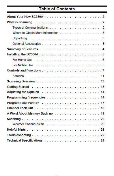 BEARCAT BC-350A Auto Scanner Owner's Manual