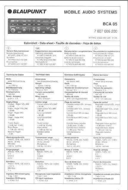 BLAUPUNKT BCA 05 Mobile Audio System Service Manual