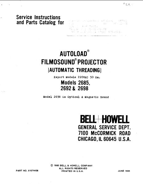 BELL HOWELL 2685 Automatic Threading Service Manual