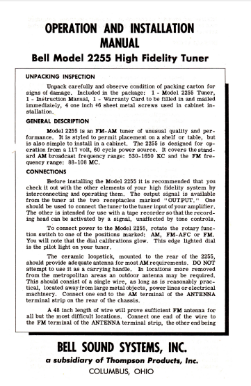 BELL SOUND 2255 Tuner Operation Manual