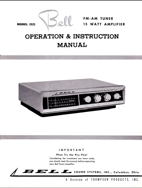 BELL SOUND 2521 Tube FM AM Tuner Instruction Manual