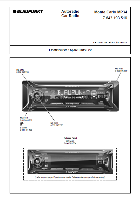 BLAUPUNKT Monte Carlo MP34 Parts List with Schematics