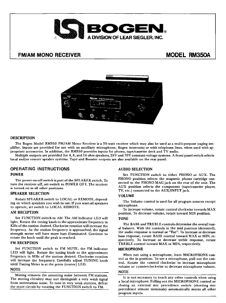 BOGEN Model RM350A FM AM Mono Receiver Instruction Manual