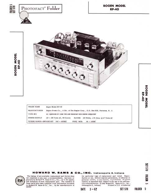 BOGEN Model RP-40 Receiver Stereo Amplifier Instruction Manual