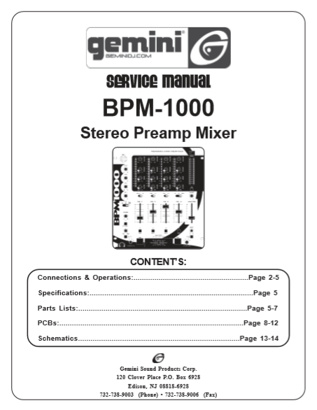 GEMINI BPM-1000 Stereo Preamp Mixer Service Manual