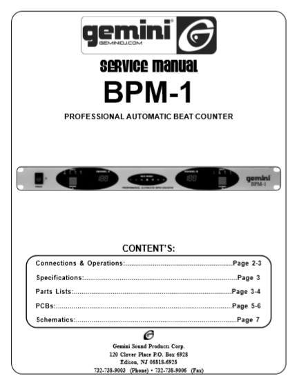 GEMINI BPM-1 Professional Automatic Beat Counter Service Manual