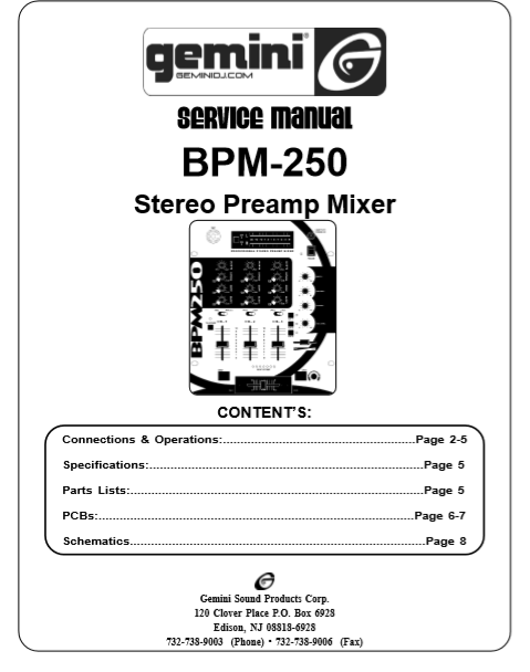 GEMINI BPM-250 Stereo Preamp Mixer Service Manual