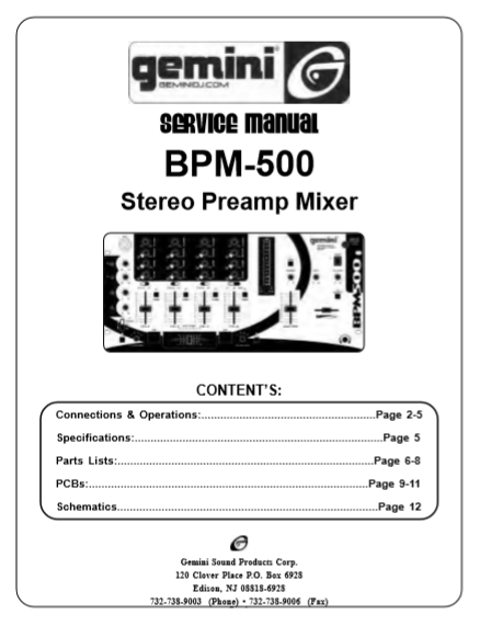 GEMINI BPM-500 Stereo Preamp Mixer Service Manual