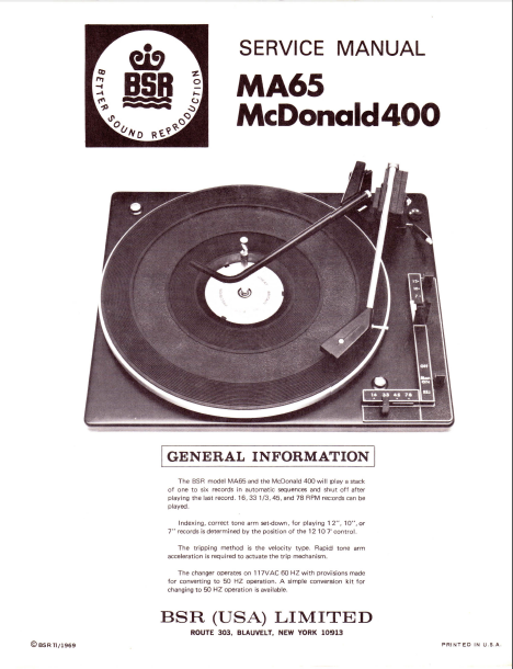 BSR MA65 McDonanald400 Service Manual