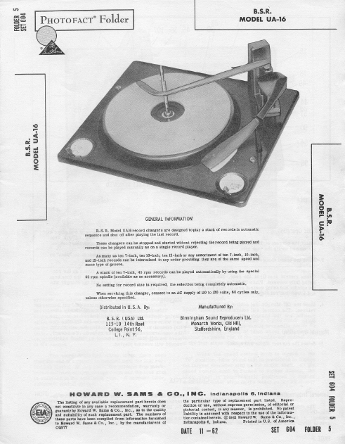 Automatic Record Changers B.S.R. UA-16 Instruction Manual