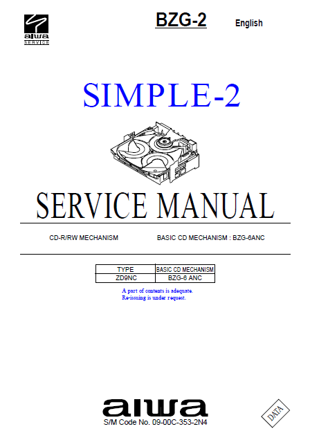 AIWA BZG-2 Simple-2 CD Mechanism BZG-6ANC Service Manual