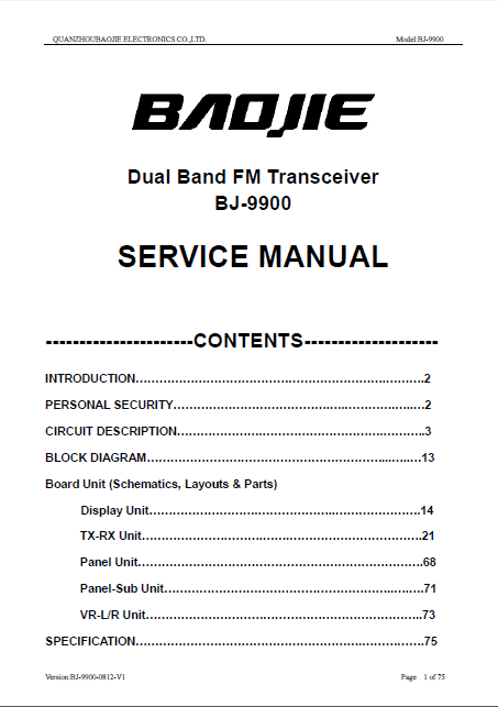 BAOJIE BJ-9900 Dual Trans Receiver Service Manual