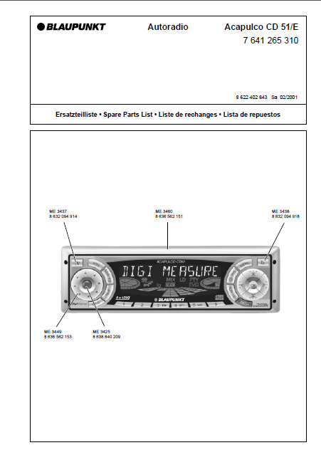 BLAUPUNKT Autoradio Acapolco CD 51-E Parts List