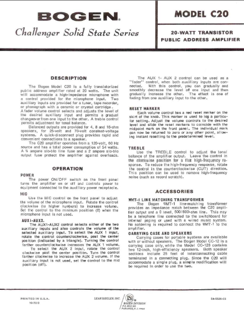 BOGEN Model C20 Transistor Amplifier Instruction Manual