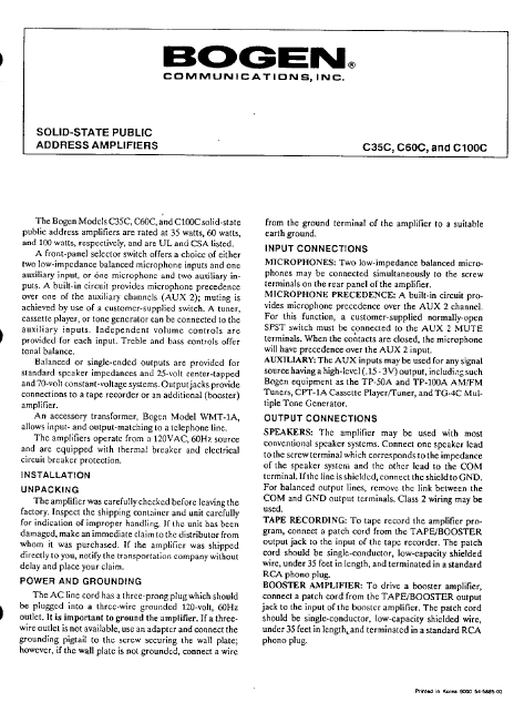 BOGEN Model C35C Communication Amplifier Instruction Manual