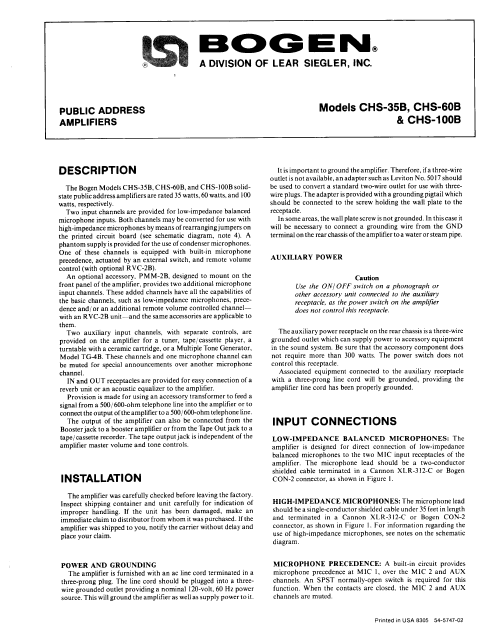 BOGEN Model CHS-35B Amplifier Instruction Manual