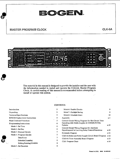 BOGEN Model CLK-6A master Program Clock Instruction Manual