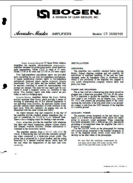 BOGEN CT35 Acousta Master Amplifiers Instruction Manual