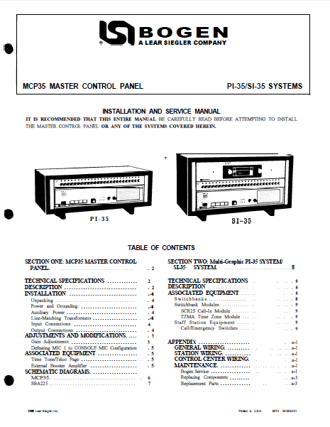 BOGEN MCP35 Master Control Panel Service Manual