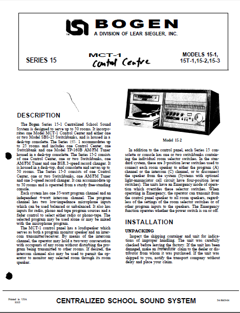 BOGEN MCT-1 Control Center Series15 Service Manual – Electronic Service ...