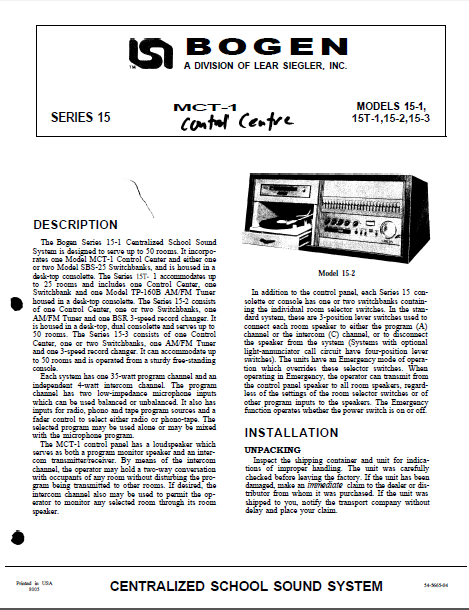 BOGEN MCT-1 Control Center Series15 Service Manual