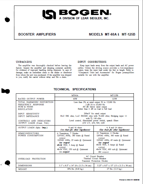 BOGEN MT60A-125B Booster Amplifiers Operation Manual