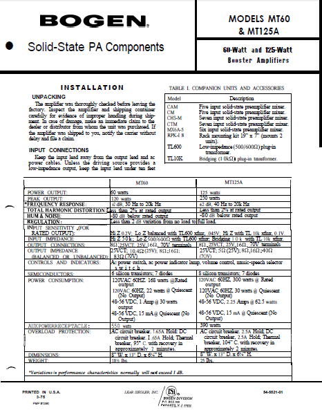 BOGEN MT60-125A Booster Amplifiers Operation Manual