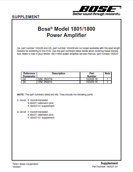 BOSE Supplement 1801-1800 Power Amplifier Service Manual
