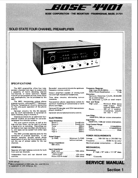 BOSE Solid State Four Channel Preamplifier Service Manual