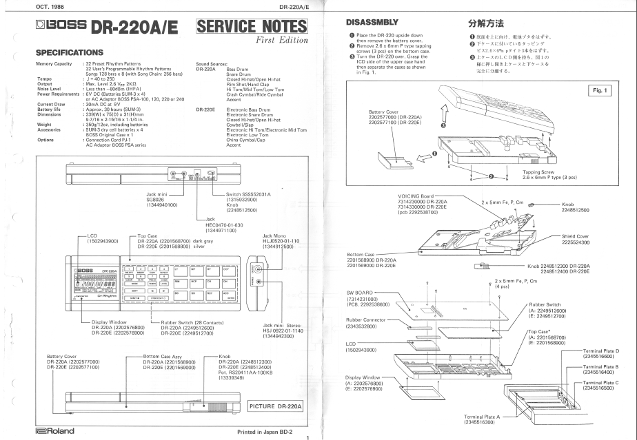 BOSS DR220A-220E Rhythm Drum Computer  Service Notes