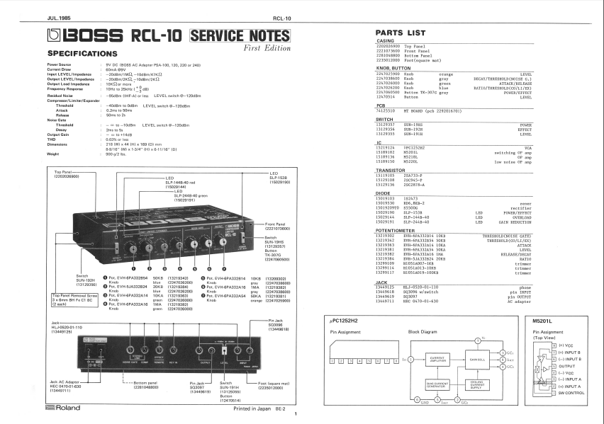BOSS RCL10 Compressor Limiter Service Notes – Electronic Service Manuals
