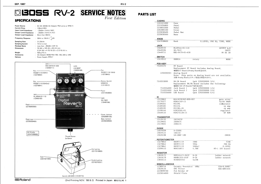 BOSS RV2 Digital Reverb Service Notes – Electronic Service Manuals