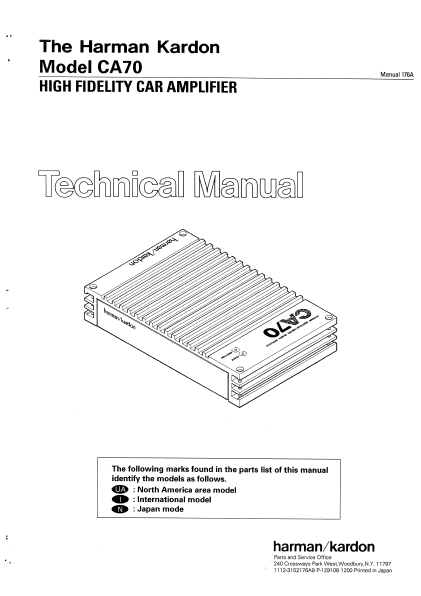 Harman Kardon Model CA70 High Fidelity Car Amplifier Technical Service Manual