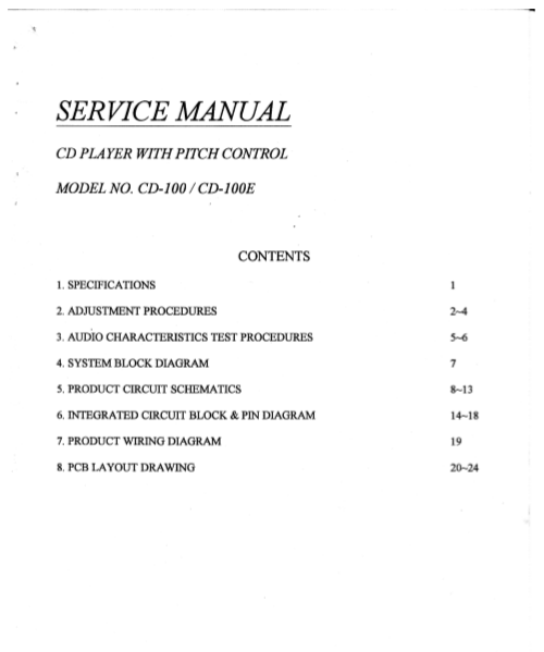 GEMINI Model CD-100 CD-100E CD Player with Pitch Control Service Manual