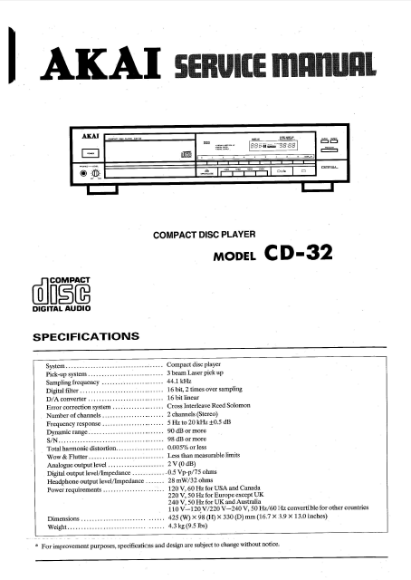 AKAI Model CD-32 Compact Disc Player Service Manual