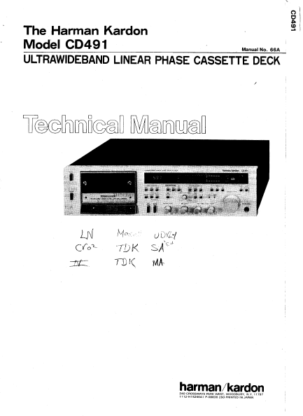 Harman Kardon CD491 Ultrawideband Linear Phase Cassette Deck Technical Service Manual