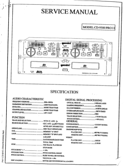 GEMINI Model CD-9500 PRO II Service Manual