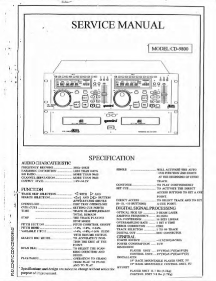 GEMINI Model CD-9800 PRO II Service Manual