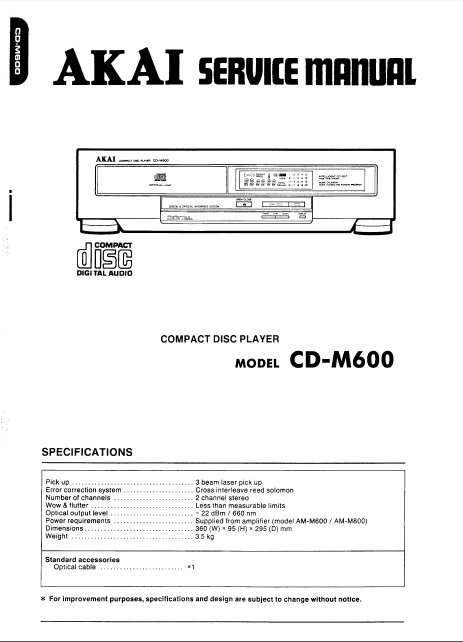 AKAI Model CD-M600 Compact Disc Player Service Manual