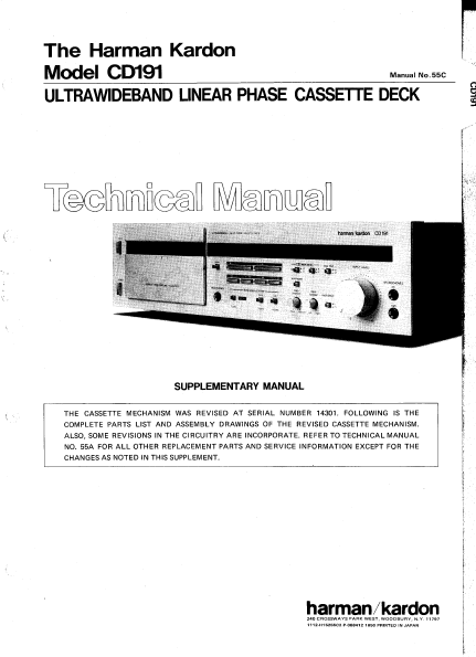 Harman Kardon Model CD191 Ultrawideband Linear Phase Cassette Deck Service Manual