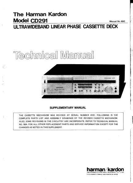 Harman Kardon Model CD291 Ultrawideband Linear Phase Cassette Deck Service Manual