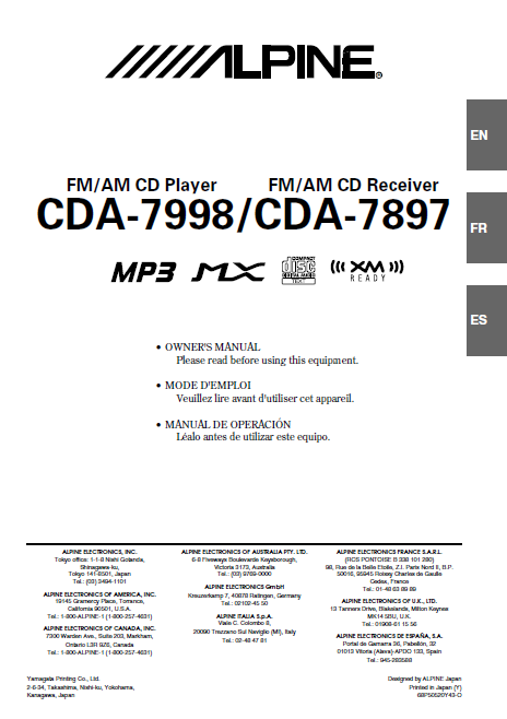 ALPINE CDA 7897-7998 CD Receiver Player MP3 Service Manual