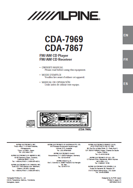 ALPINE CDA 7867-7969 CD Receiver Player MP3 Owner's Manual