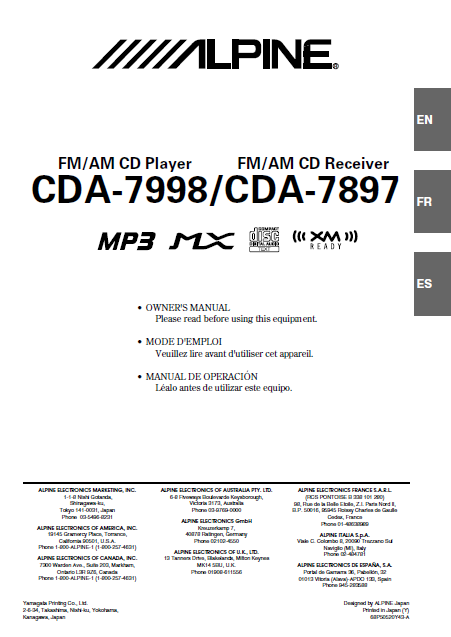 ALPINE CDA 7897-7998 CD Receiver Player MP3 Owner's Manual
