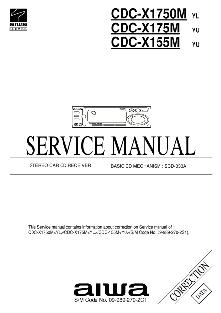 AIWA Correction CDC-X1750M Stereo Car Service Manual