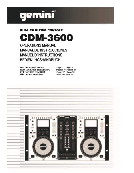 GEMINI Model CDM-3600 Dual CD Mixing Console Operation Manual