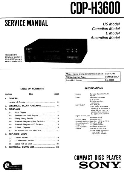 ALPINE CDP-H3600 SONY Compact Disc Player Service Manual