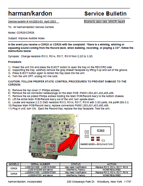 Harman Kardon Model CDR25 CDR26 Service Bulletin