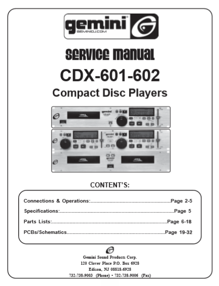 GEMINI Model CDX 601-602 Compact Disc Player Service Manual
